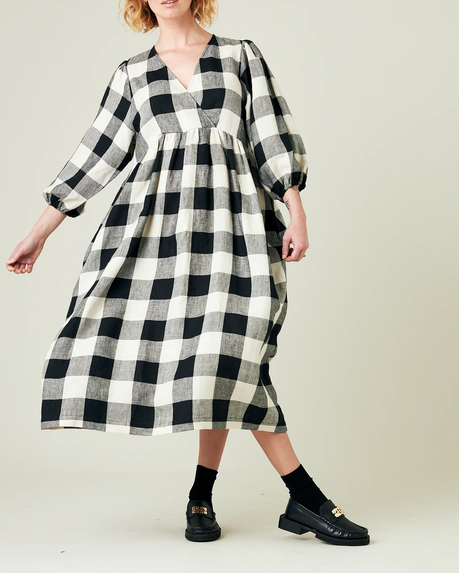 ABBIE STONE & BLACK MEGA CHECK LINEN DRESS