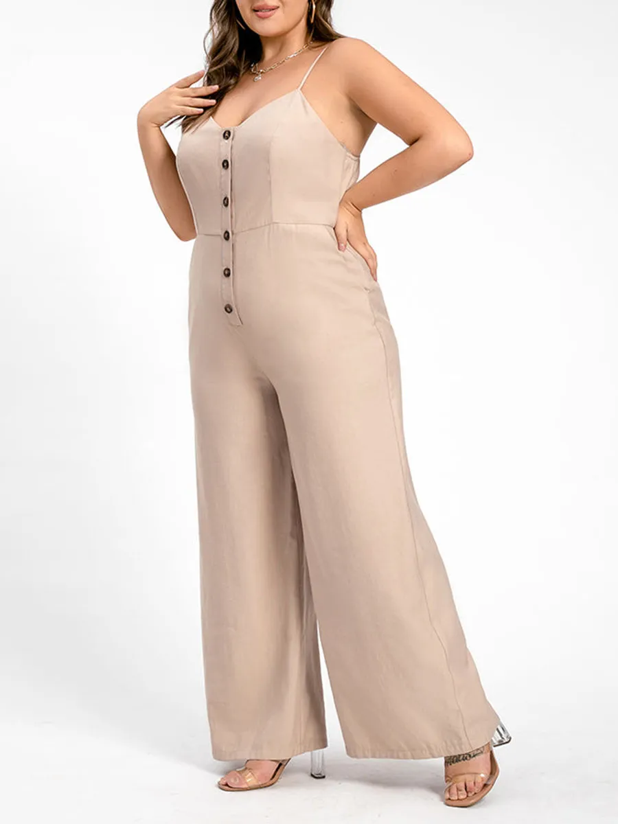 Plus V-Neck Button Pocket Cami Jumpsuit