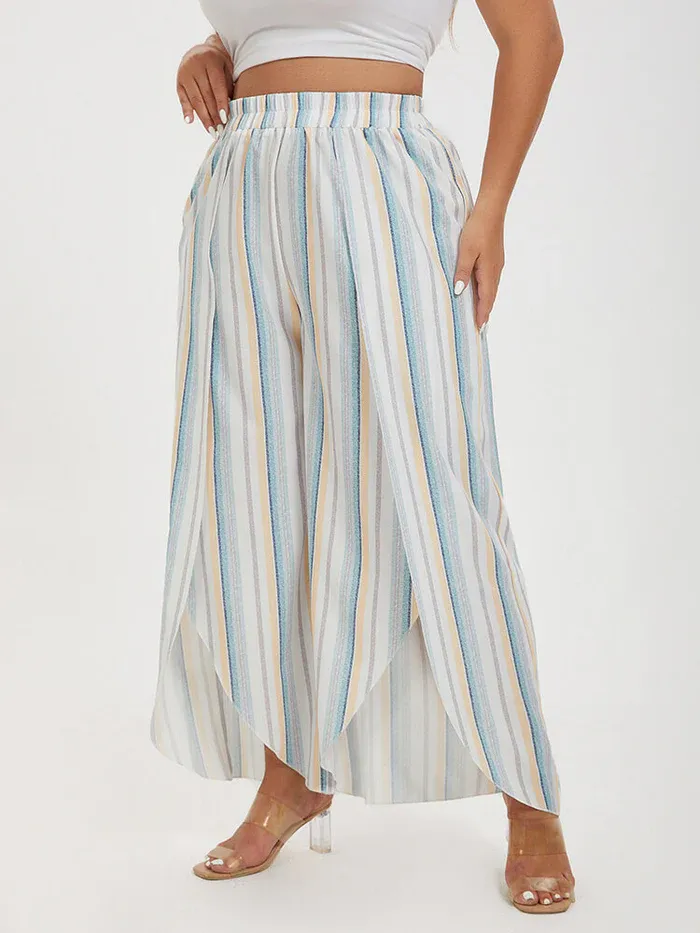 Plus Colorblock Striped Tulip Hem Elastic Waist Wide Leg Pants