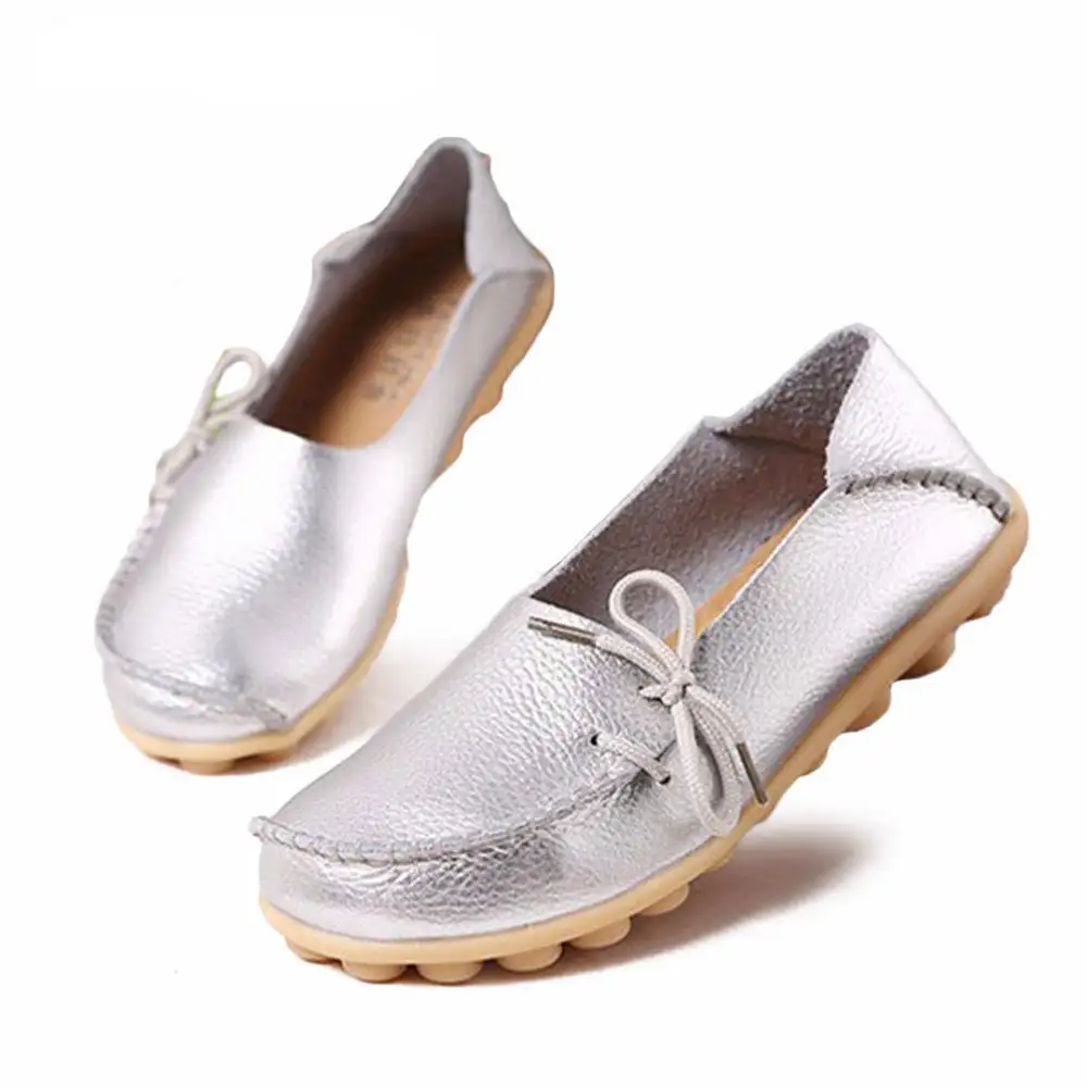 New Moccasins Women Flats Autumn Woman Loafers Genuine Leather Female Shoes Slip On Ballet Bowtie Women's Shoe