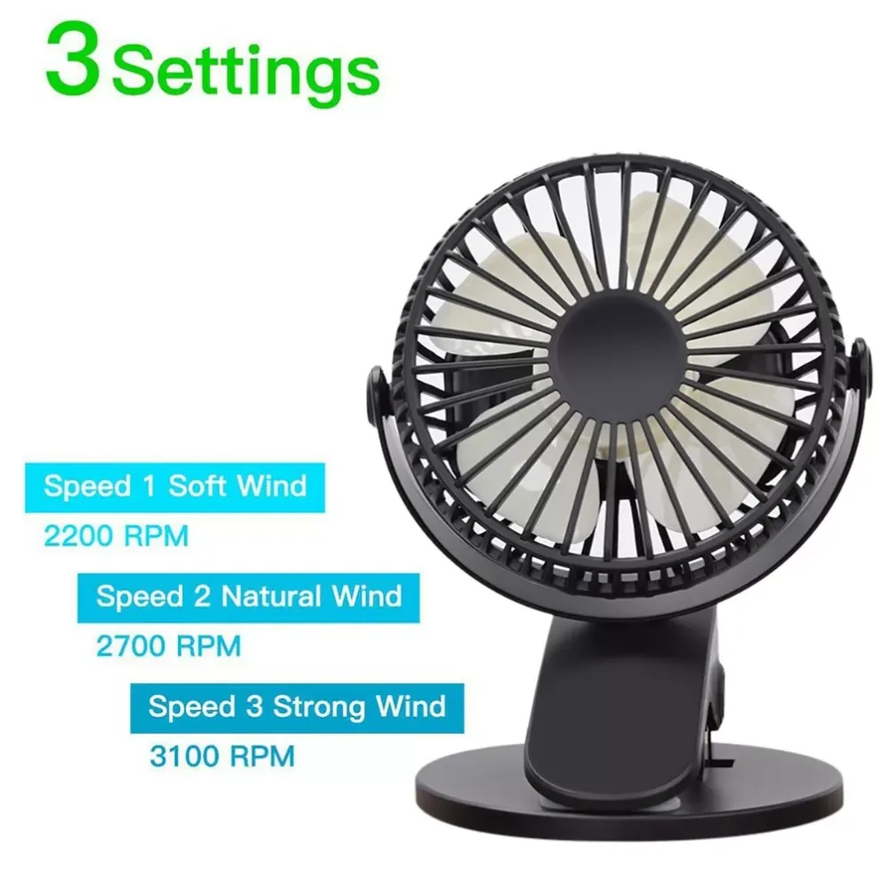 Low Noise Portable Desk Multi-function Mini Fan 360°Rotation Clip USB Fan, 2000mAh Rechargeable Battery