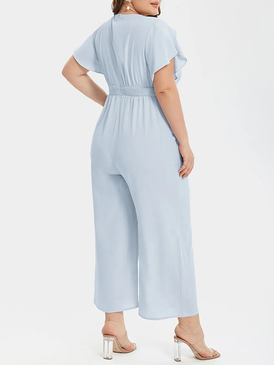 Plus Patchwork V-Neck Tulip Sleeve Pocket Jumpsuits