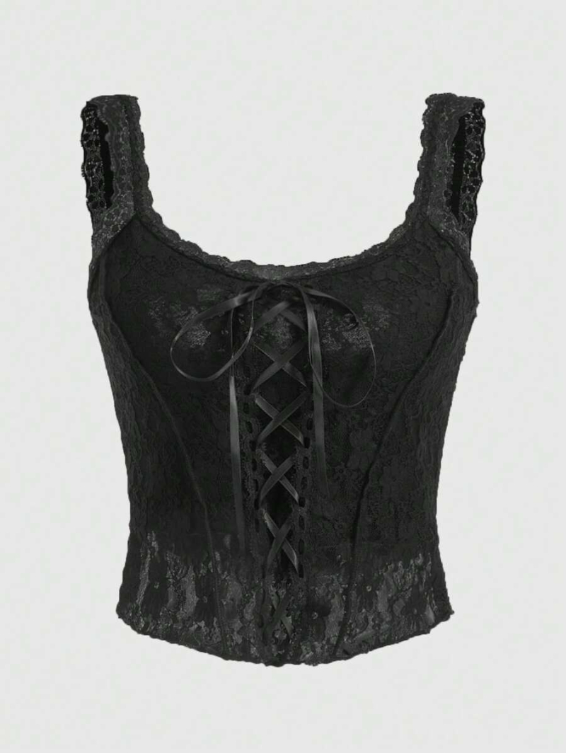 Fairycore Lace Up Contrast Lace Cami Top Corset Top