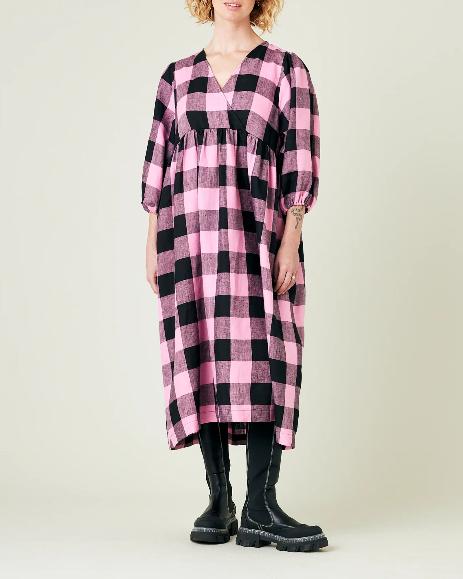 ABBIE PINK & BLACK MEGA CHECK LINEN DRESS