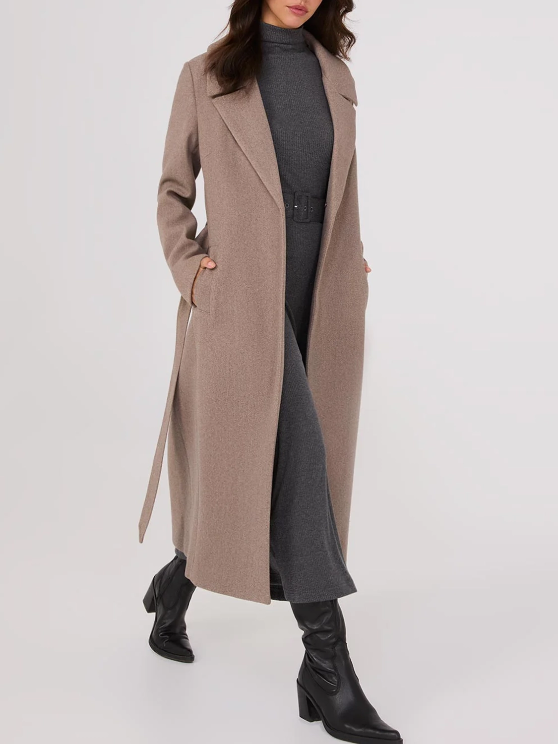 Long Wrap Coat With Faux Fur Collar