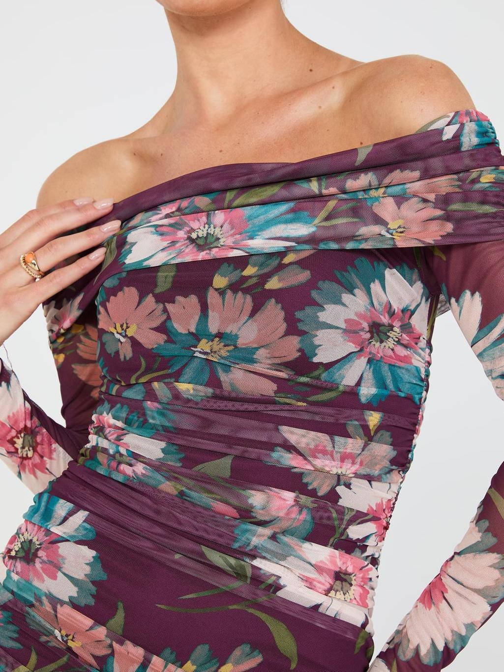 Floral Print Off-The-Shoulder Mesh Dress