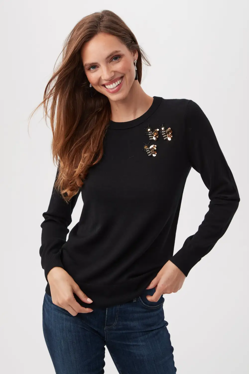 QUEEN B MERINO WOOL SWEATER WITH SEQUIN BEE DETAIL