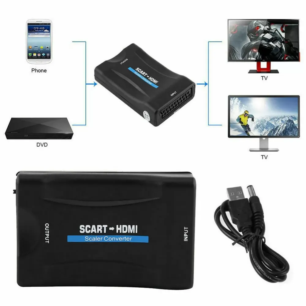 USB Video Audio Upscale Converter Signal Aapter 1080P SCART to HDMI with Cable for Household Computer Safety Parts