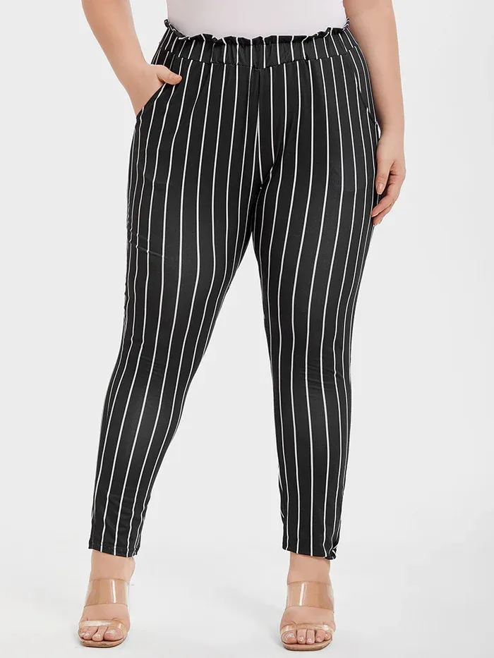 Striped Paperbag Waist Skinny Pants