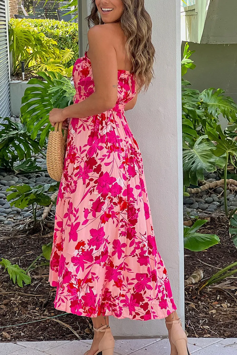 Pink Floral Print High Low Dress