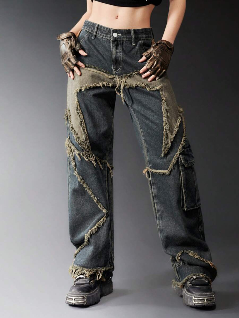 Grunge Punk Star Pattern Raw Trim Flap Pocket Cargo Jeans