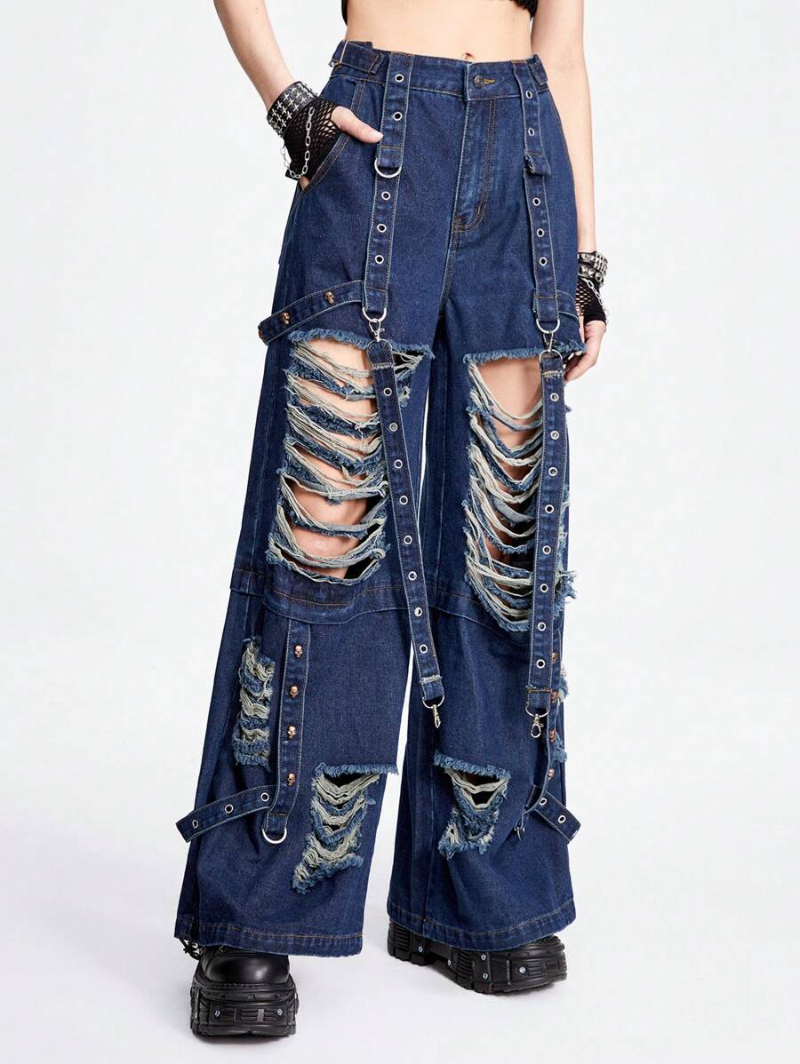 Grunge Punk Punk Street Style Super Loose Ripped Music Festival Cool Skull & Rivet Decor Women's Jeans