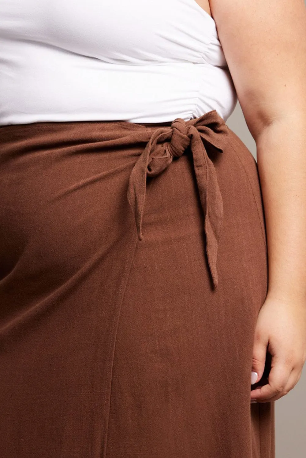 Brown Faux Wrap Linen Blend Midi Skirt