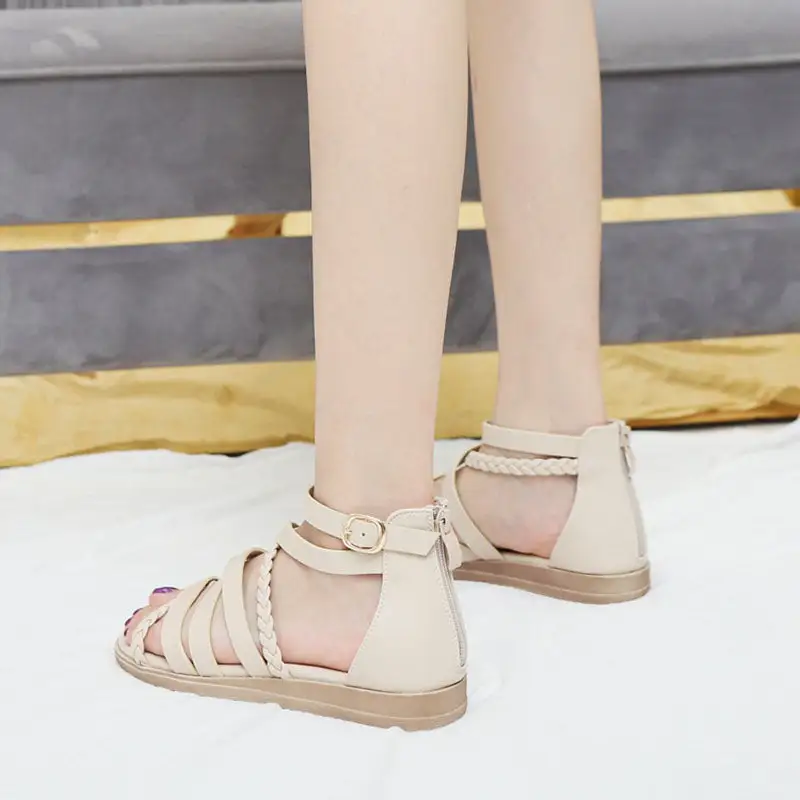 Cilool Ankle Buckle Design Round Toe Retro Sandals