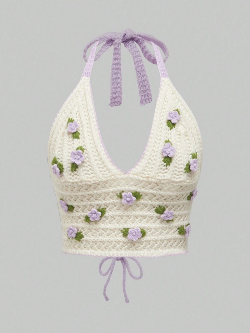 Kawaii Women Halter Crochet Knitted Top With 3D Flower Embroidery, Hollow Out