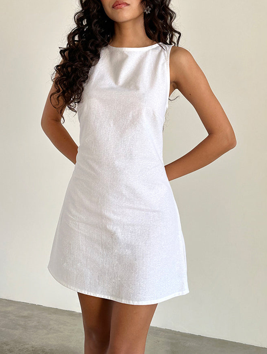 Ayana Open Back Mini Dress In Off White Linen