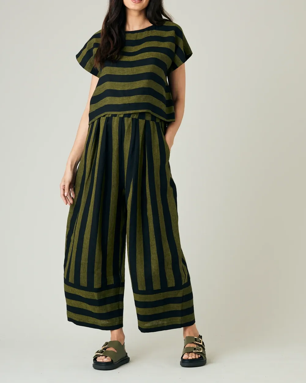 BOBBI BLACK & OLIVE STRIPE LINEN TROUSERS