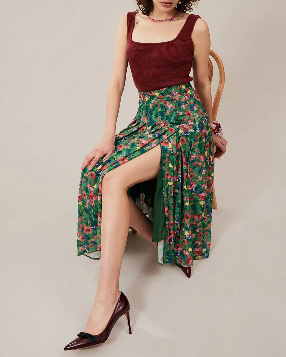 Green floral print flowy skirt