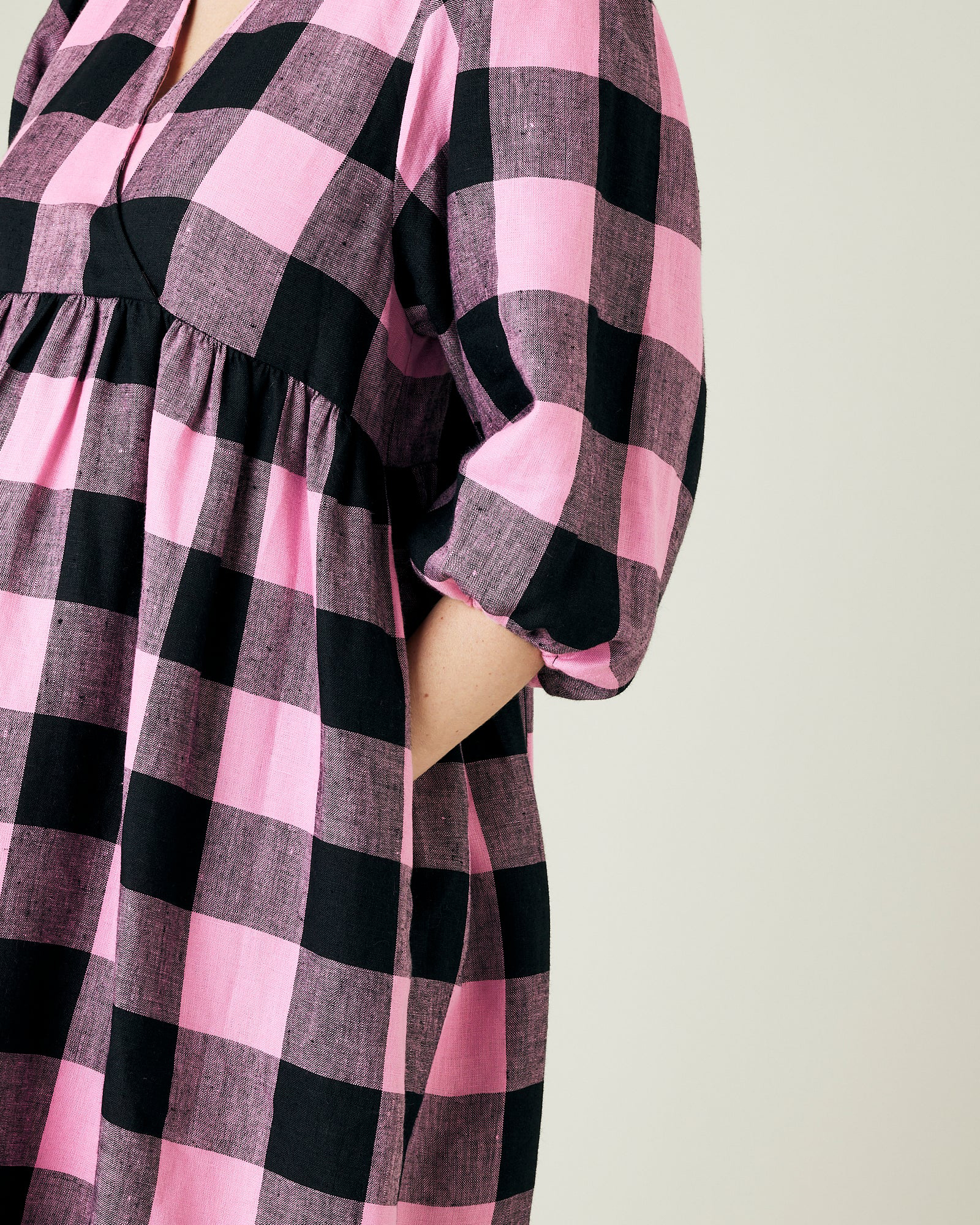 ABBIE PINK & BLACK MEGA CHECK LINEN DRESS