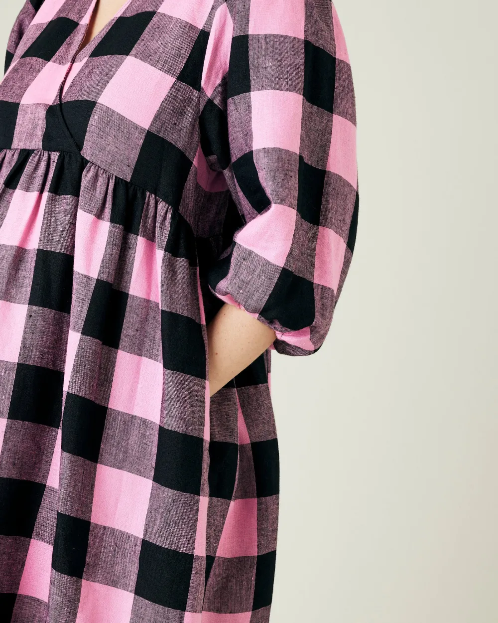 ABBIE PINK & BLACK MEGA CHECK LINEN DRESS