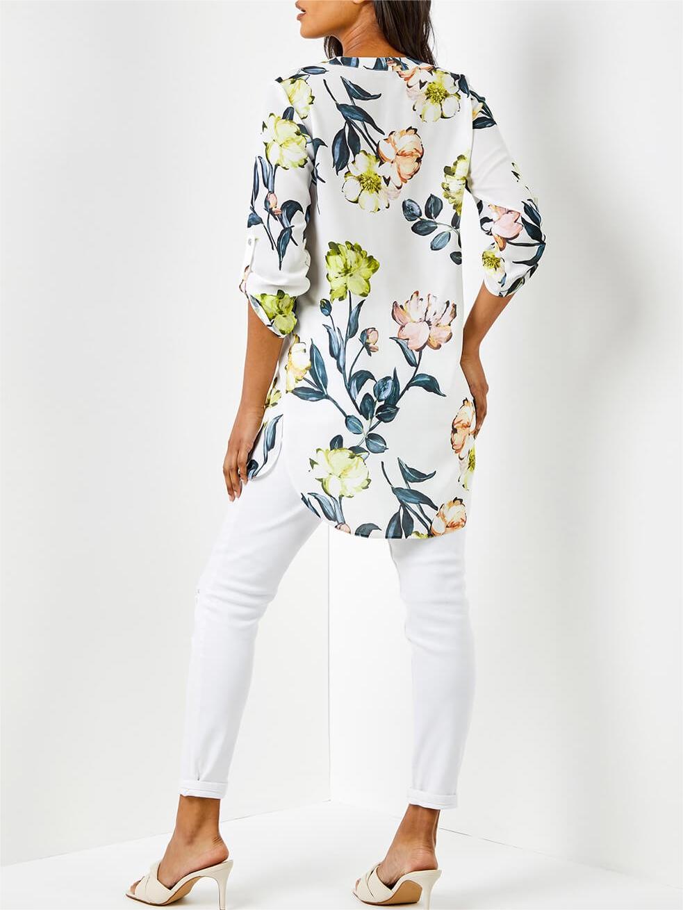 Ivory V-Neck Longline Button Detail Floral Tunic Top