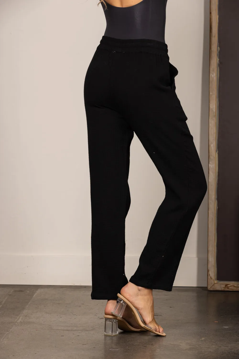 BLACK DRAWSTRING STRAIGHT LEG LINEN PANTS