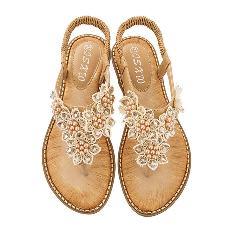 Cilool New Fashion Bead Flower Round Toe Flip-flop Sandals