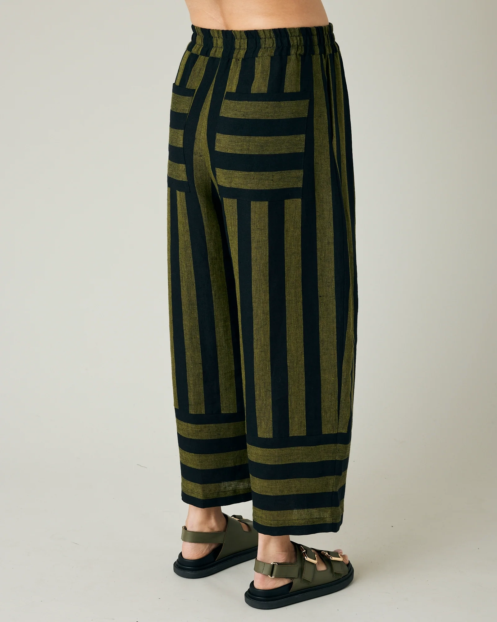 BOBBI BLACK & OLIVE STRIPE LINEN TROUSERS