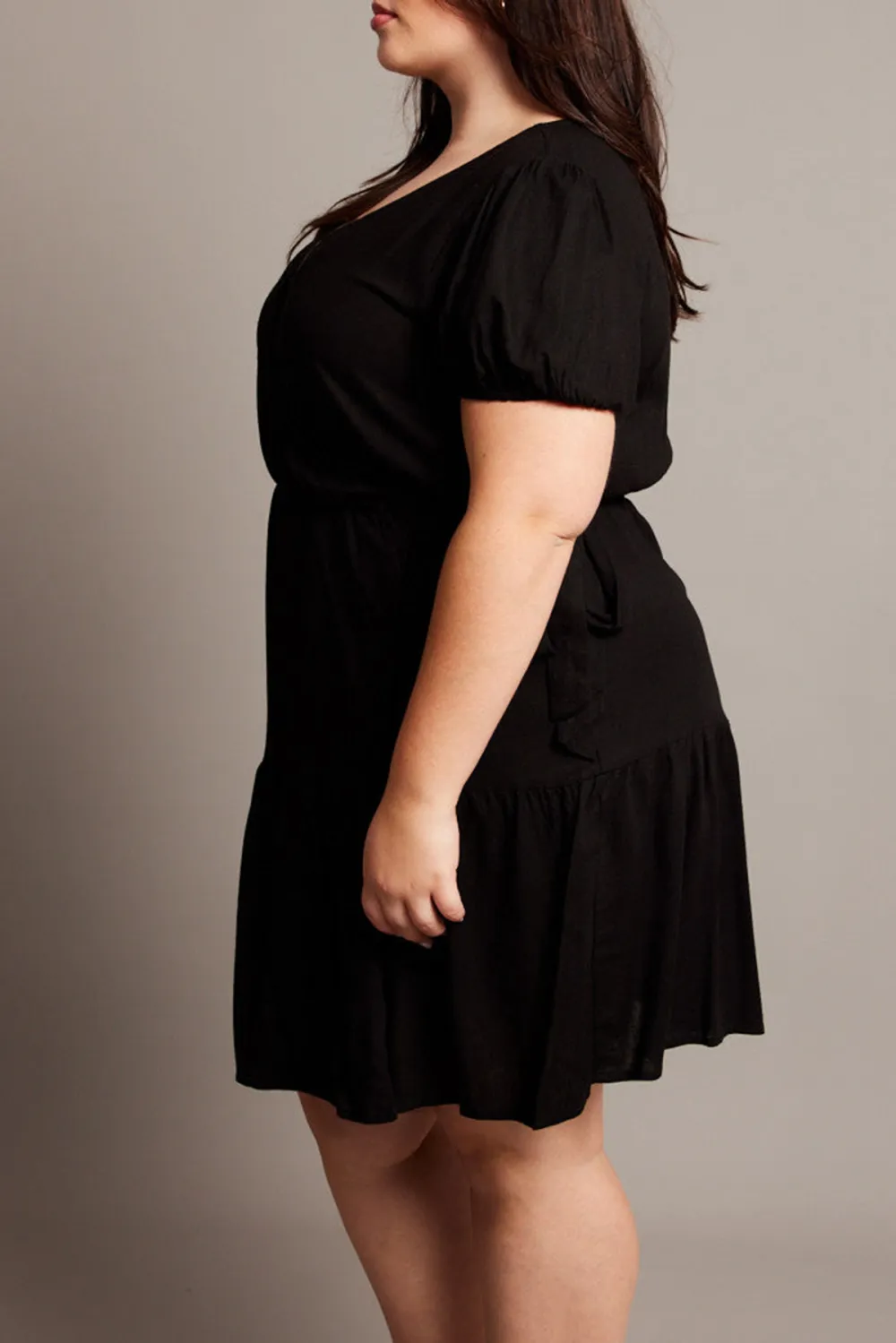 Black Crossover Cotton Blend Tiered Wrap Minidress