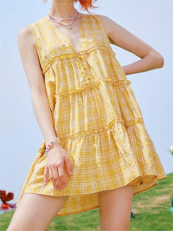 Plaid Frill Trim Button Front Smock Dress