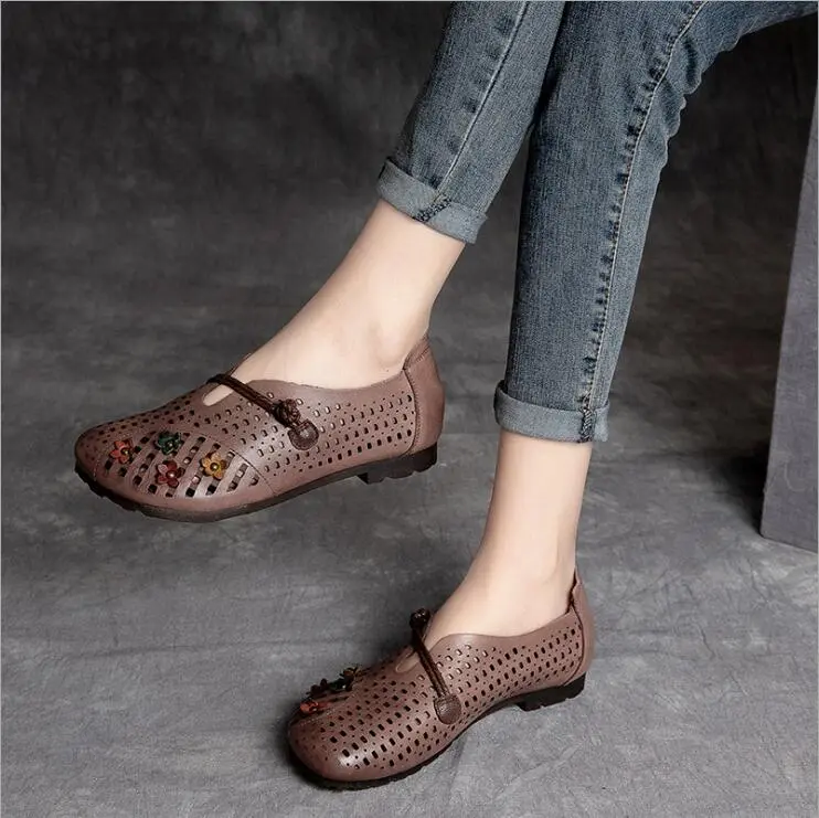 Hollowed Moccasins For Women Genuine Leather handmade Flats Breathable Loafers Shoes Women's Soft Casual Flat Shoes