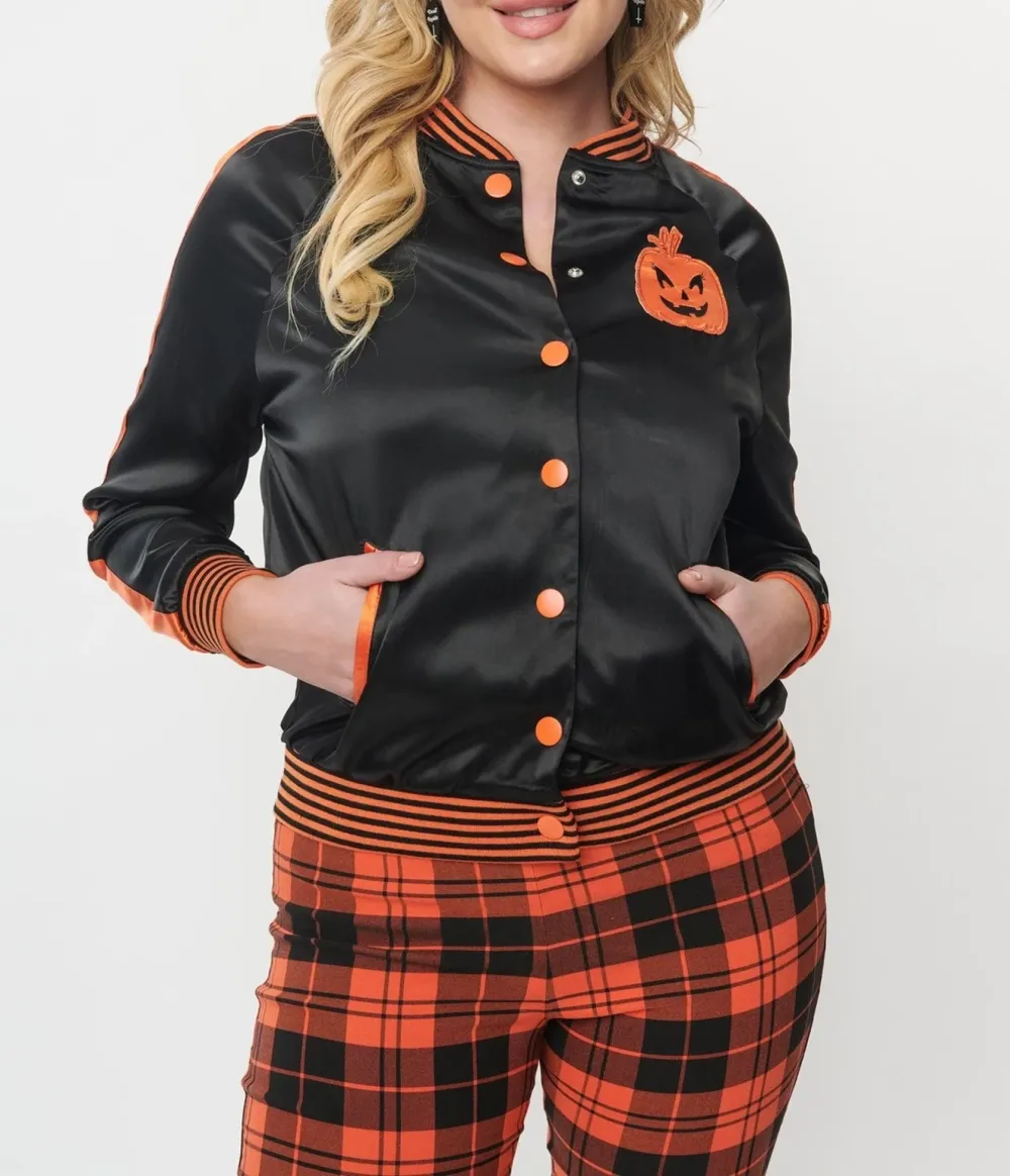 Unique Vintage Black And Orange Scream Queen Satin Bomber Jacket