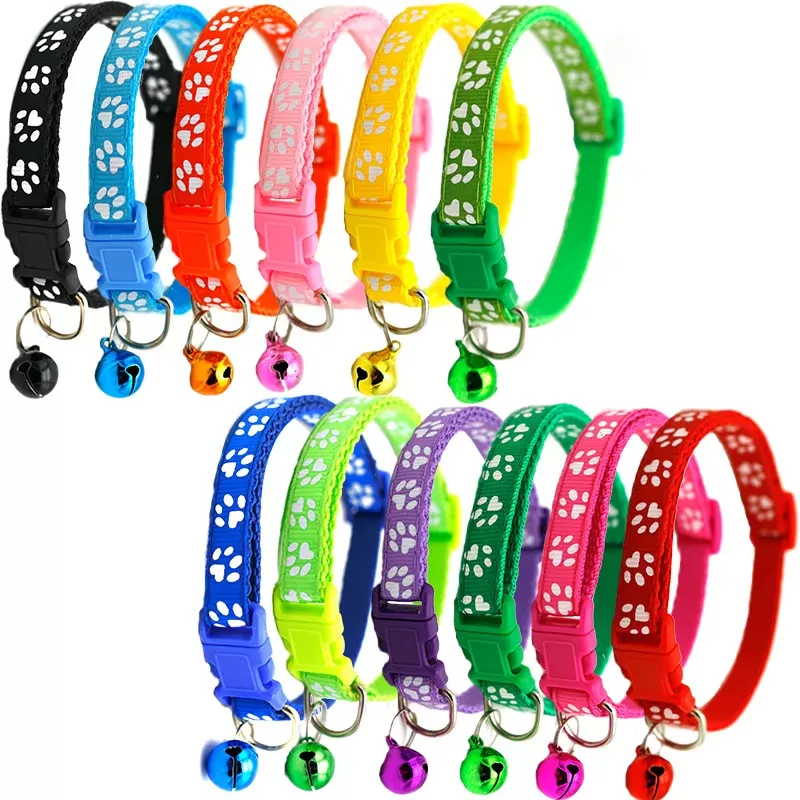 Pet Cat Collar Cute Paw Print Cat Bell Collar Adjustable Nylon Ribbon Collar for Cats Small Dogs Puppy Neck Strap