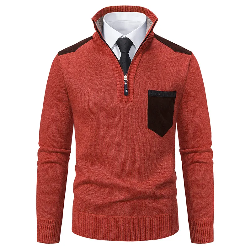 Men's Retro Zipper Stand Collar Contrast Color Pullover Sweater