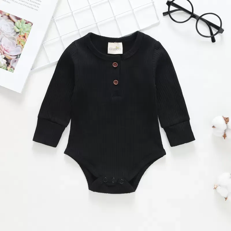 Newborn Baby Girl Boy Bodysuit Solid Color Crew Neck Jumpsuit Baby Girls Knit Cotton Long Sleeve Bodysuits Outfit Clothes 0-24M