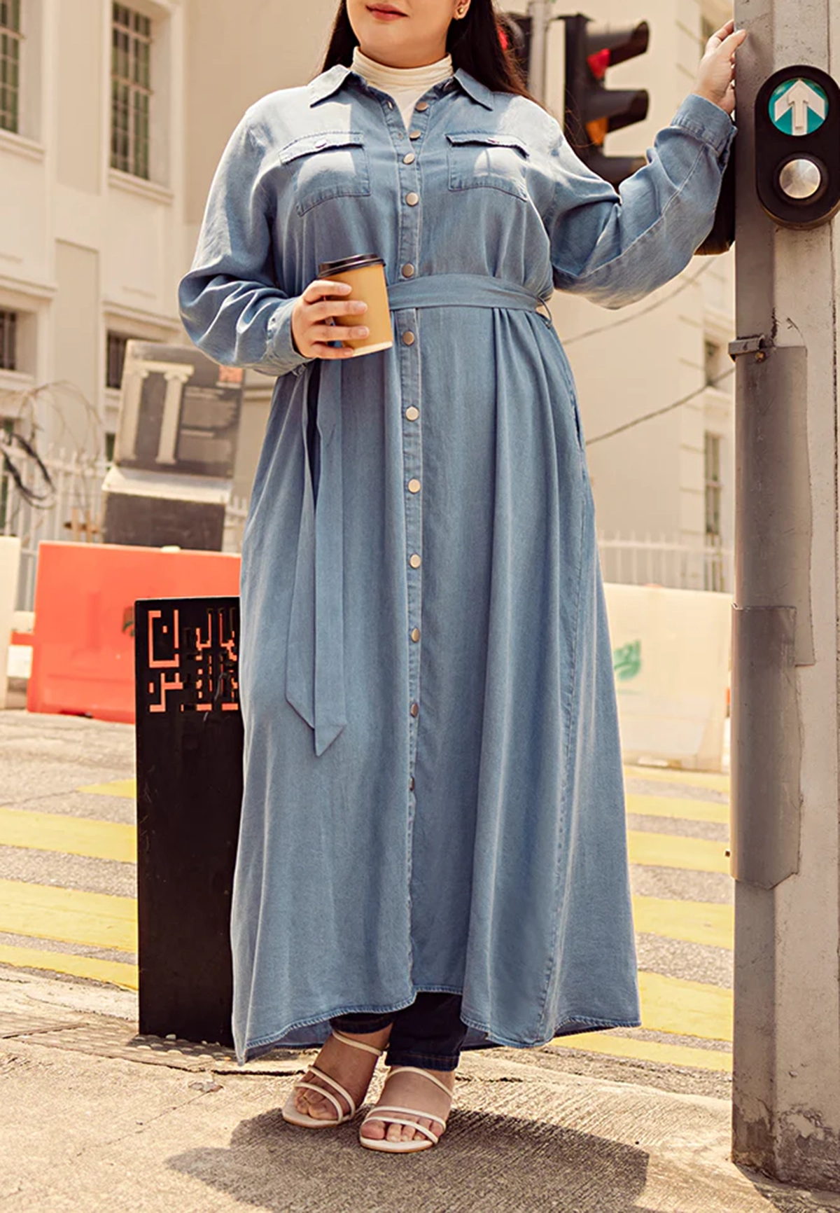 Denim Belted Long Trench Dress