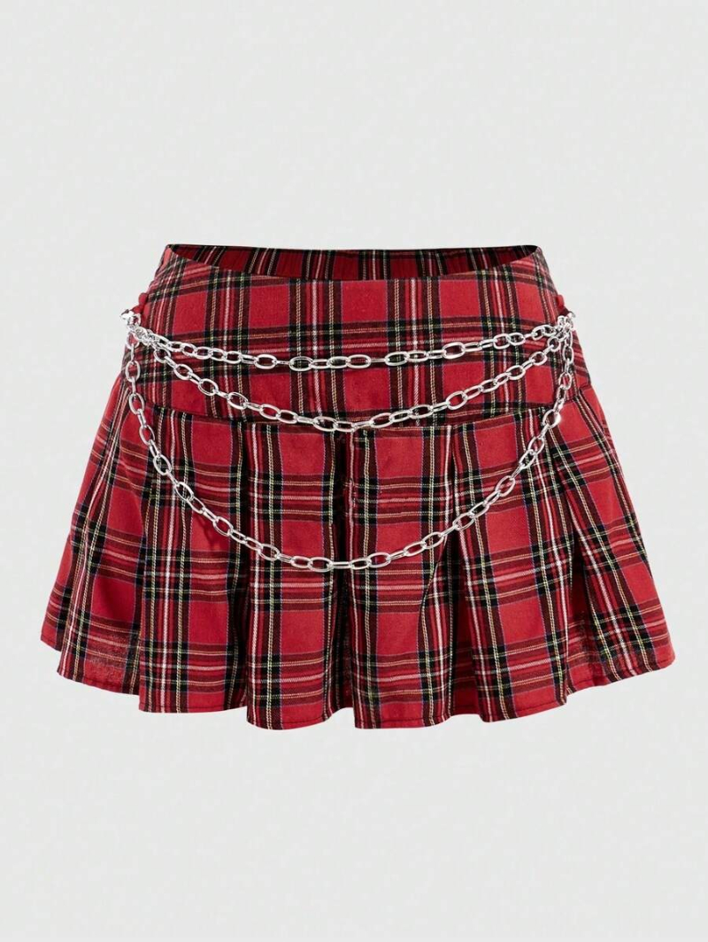 Grunge Punk Plus Size Plaid Pattern Chain Detail Pleated Skirt