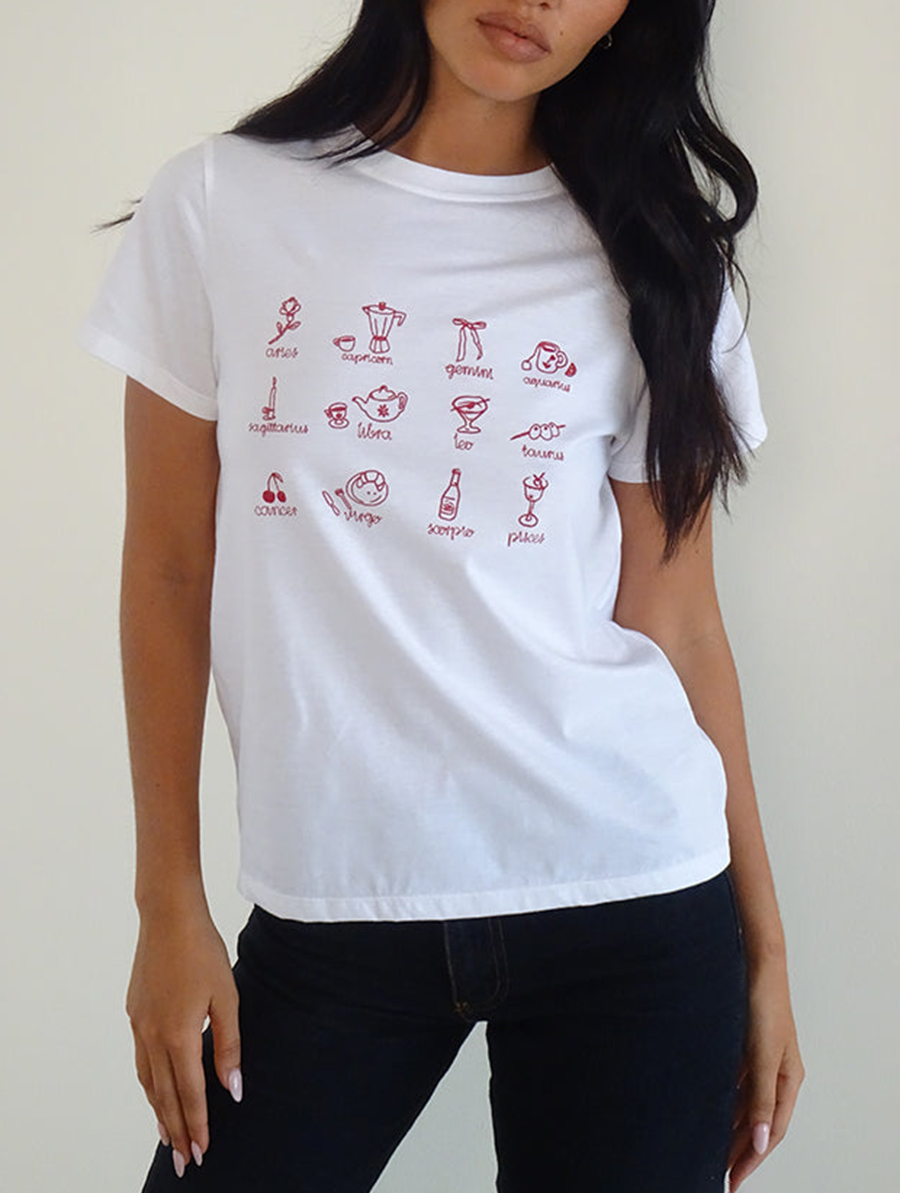 White With Red Star Signs Print Saki Tee