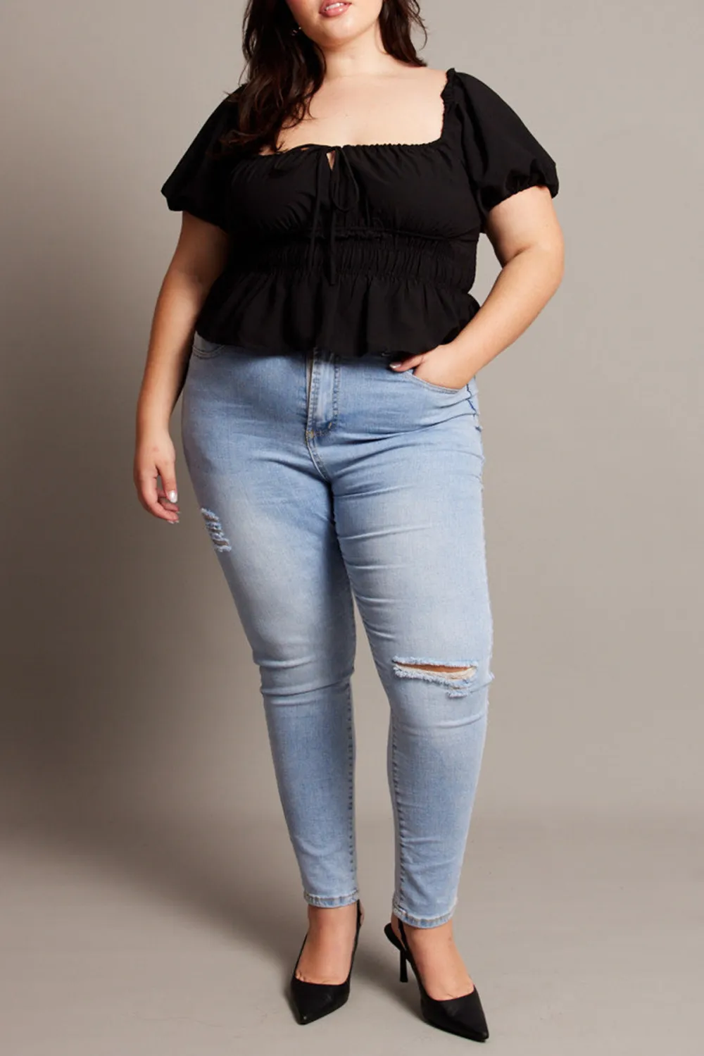 Black Peplum Top Short Sleeve Ruched Bust