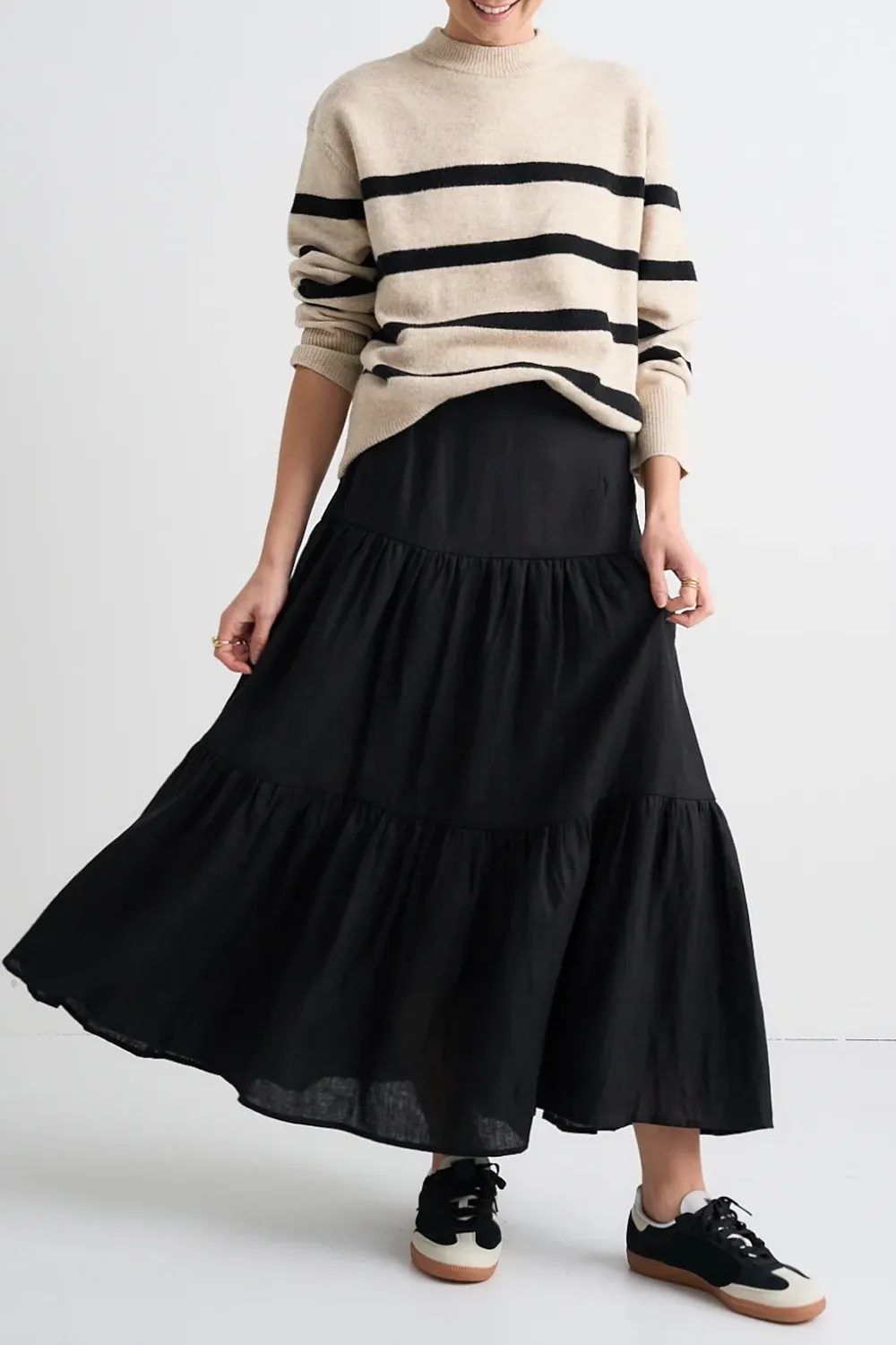 Blazing Black Tiered Linen Midi Skirt