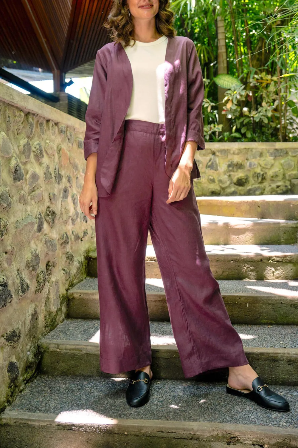 Camille Linen Wide Leg Pant in Plum