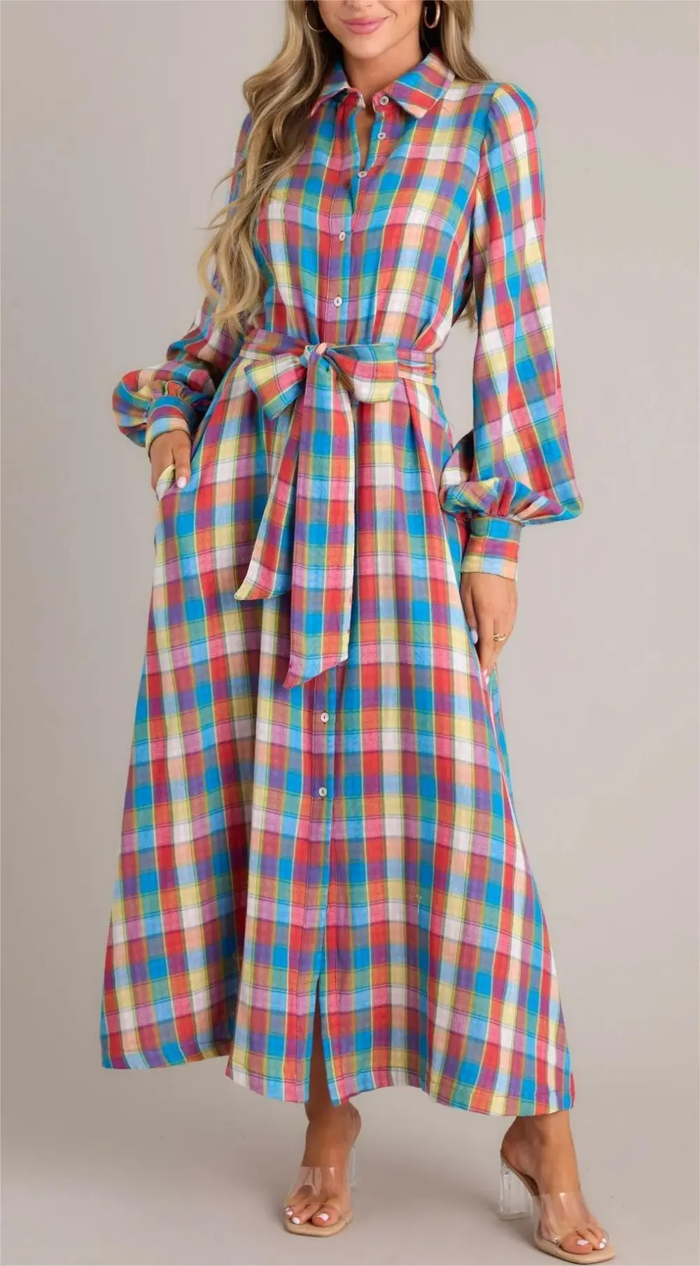 CLOSING THAT DOOR BLUE MULTI PLAID MAXI DRESS