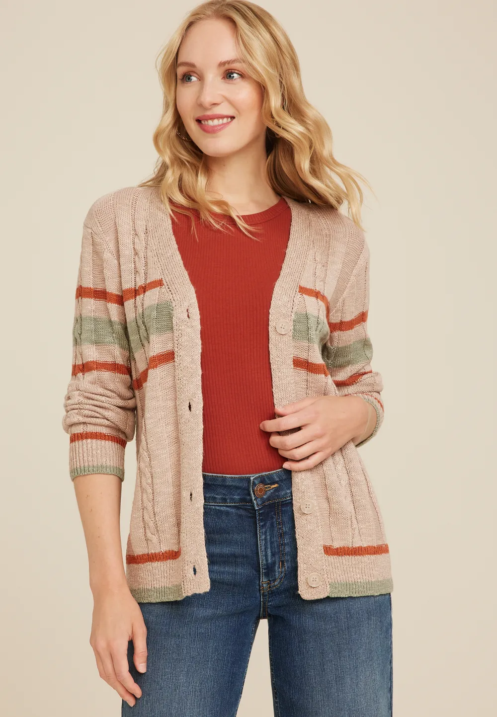 Prep Striped Cable Knit Button Down Cardigan