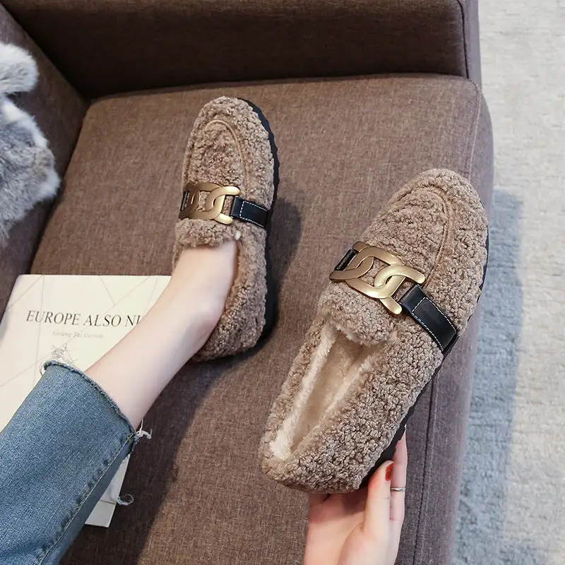 Furry Outer Wearing Flats Loafers Elk Decor Backless  Wild Fluffy Flat Mules Warm