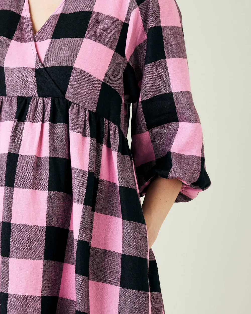 ABBIE PINK & BLACK MEGA CHECK LINEN DRESS