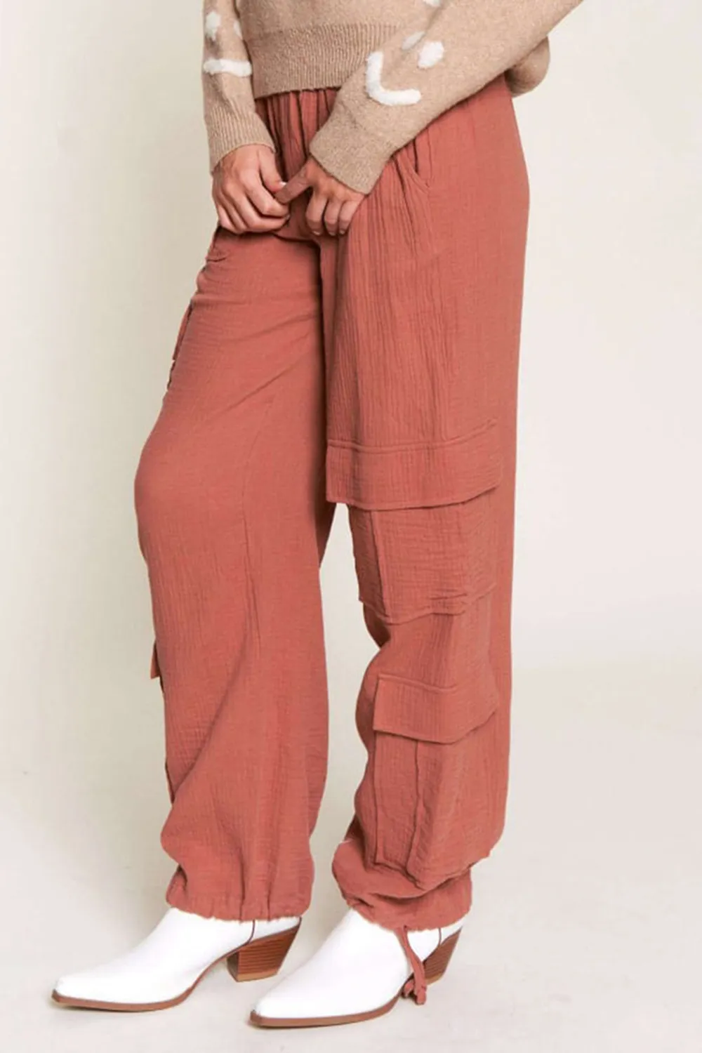 TERRACOTTA LINEN WIDE LEG CARGO PANTS