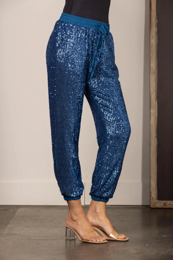 BLUE SEQUIN HIGH WAISTED DRAWSTRING JOGGER PANTS