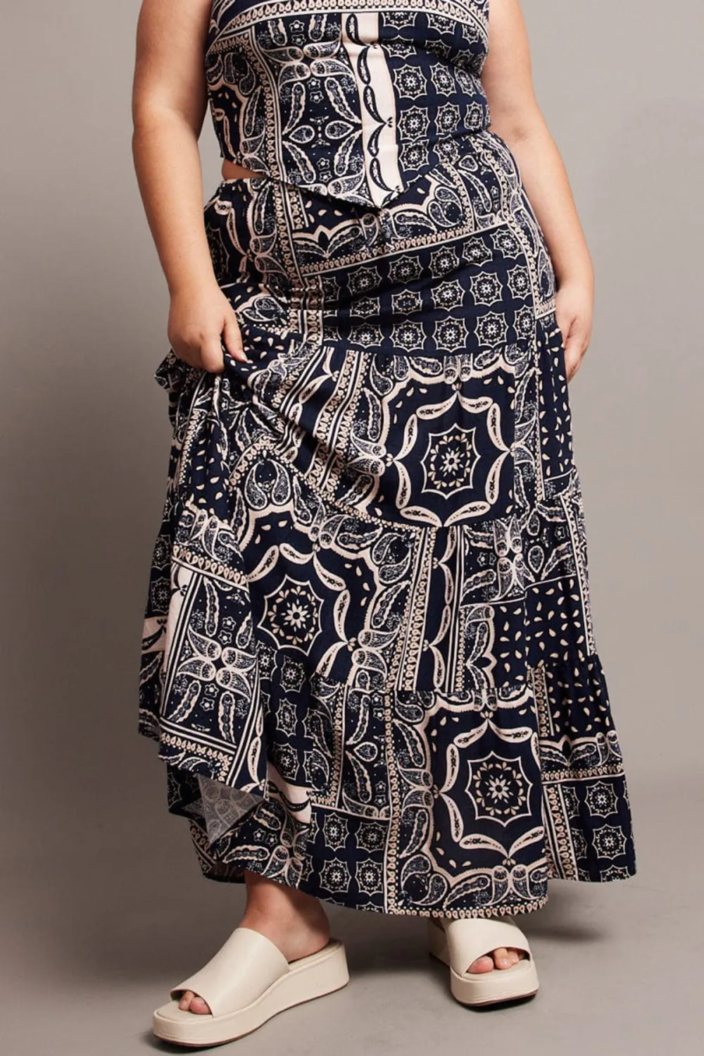 Blue Abstract Tiered Maxi Skirt