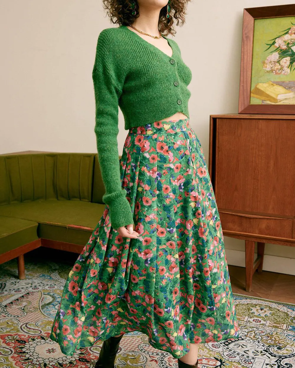 Green floral print flowy skirt