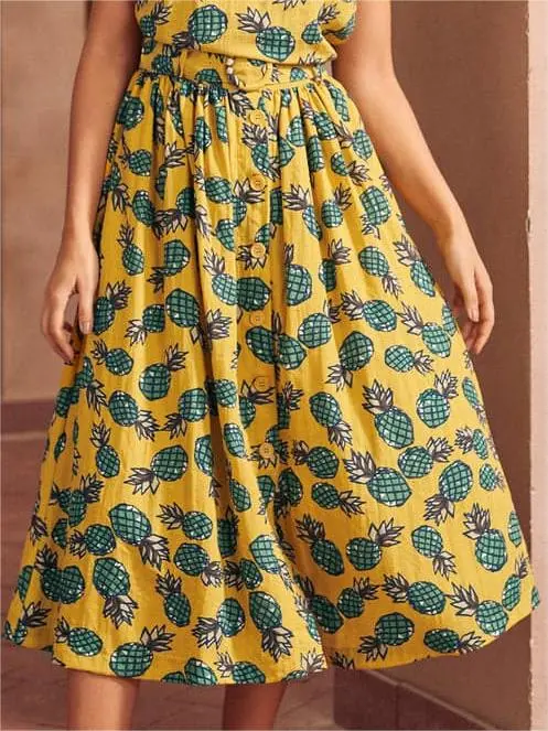 Vintage Pineapple Printed Pleated Flared Skirts